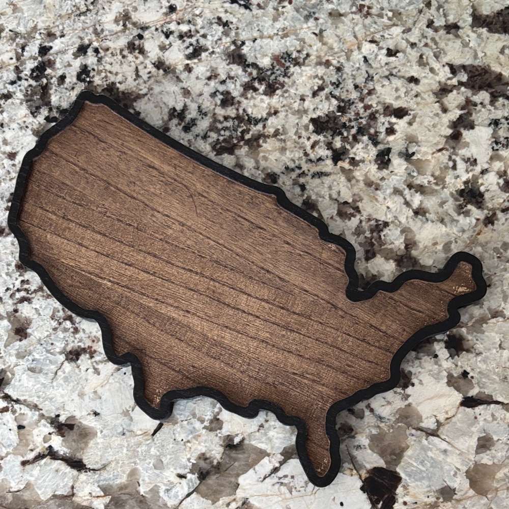 Wooden USA Shaped Decorative valet Tray - wood grain with Black Edge